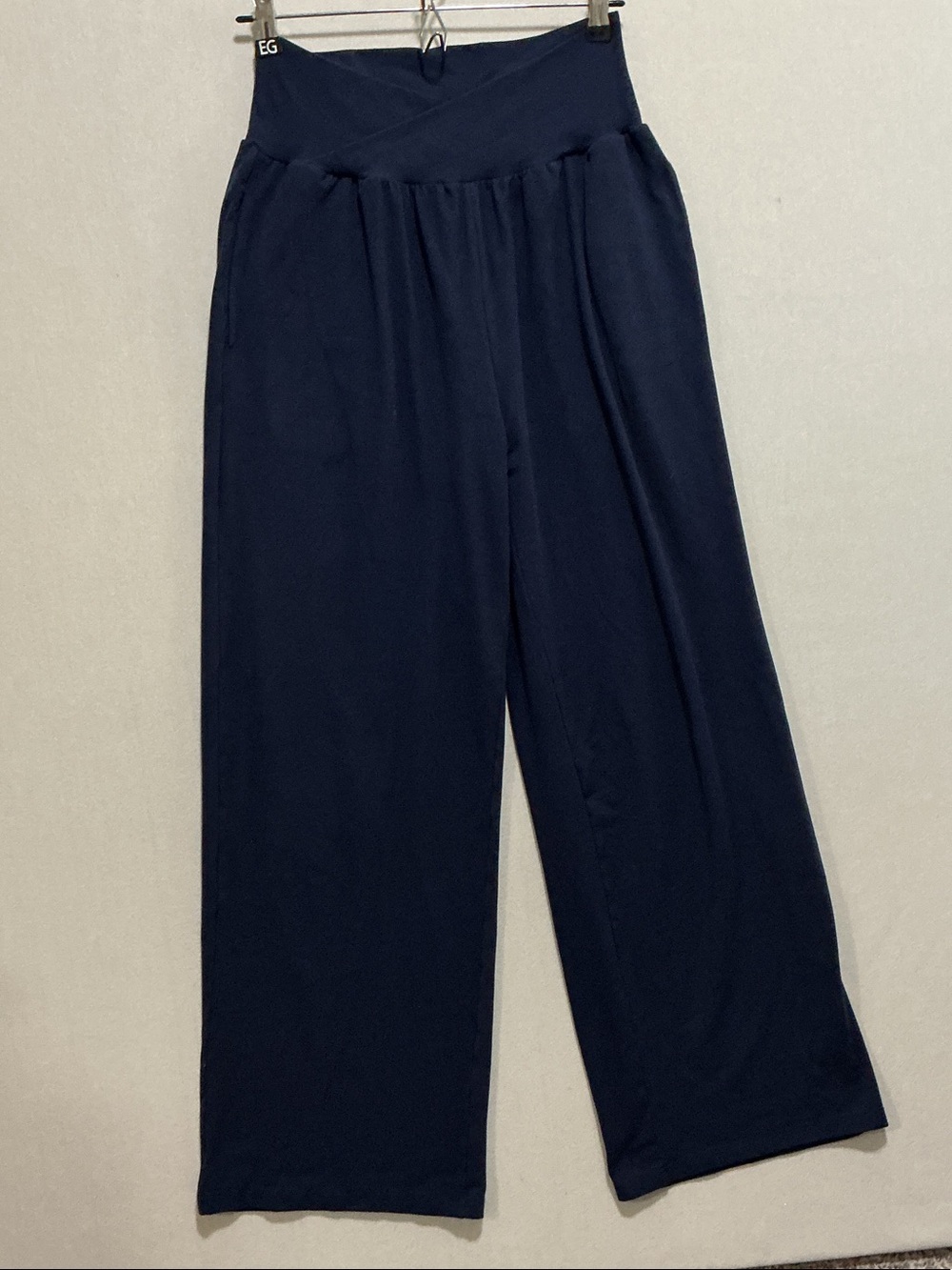 Wide-Leg High-Rise Pants in Navy with Crossover Waistband